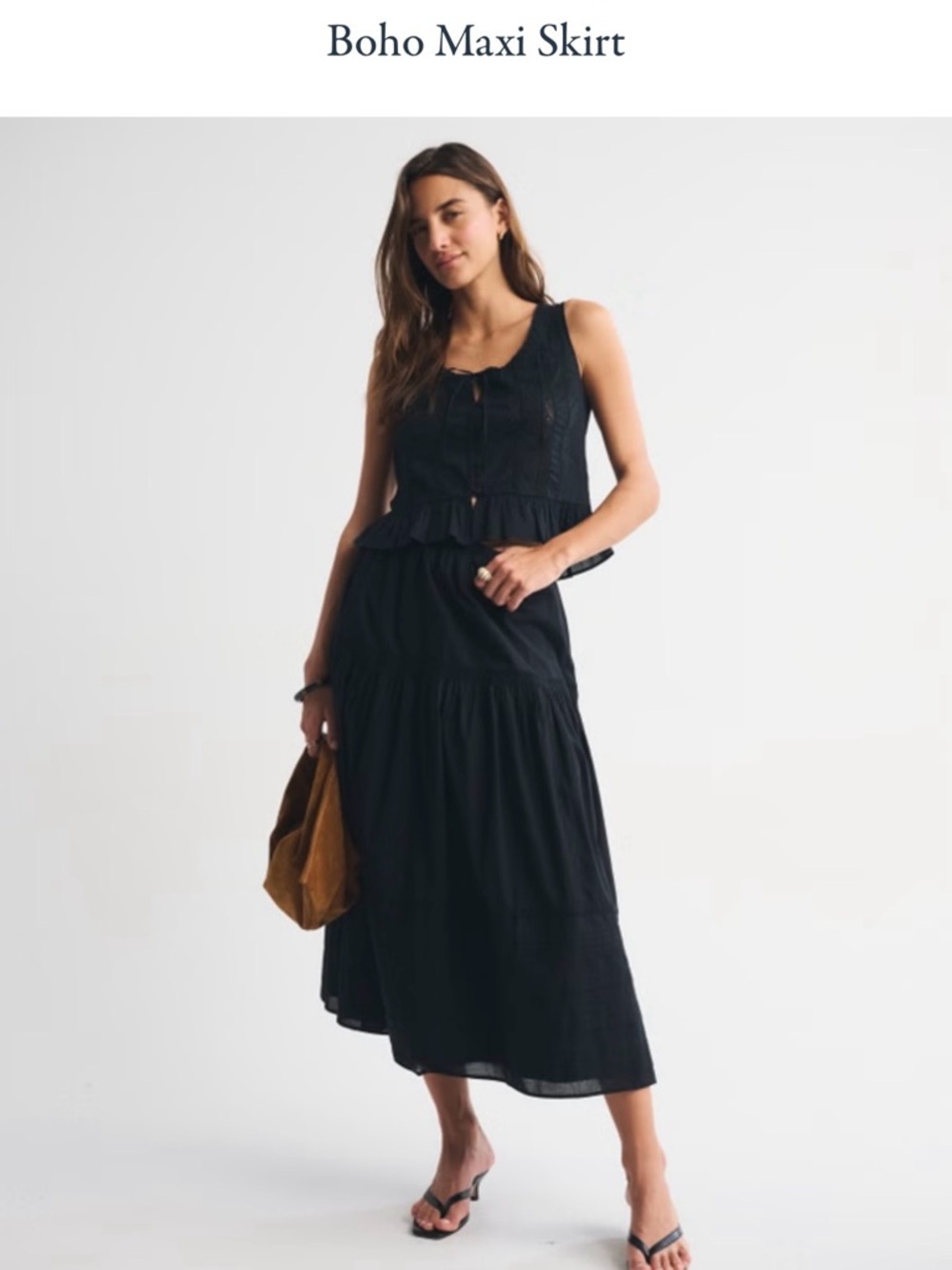Abercrombie & Fitch Black Boho Midi Skirt Womens XS Drop Waist Cotton and Poly